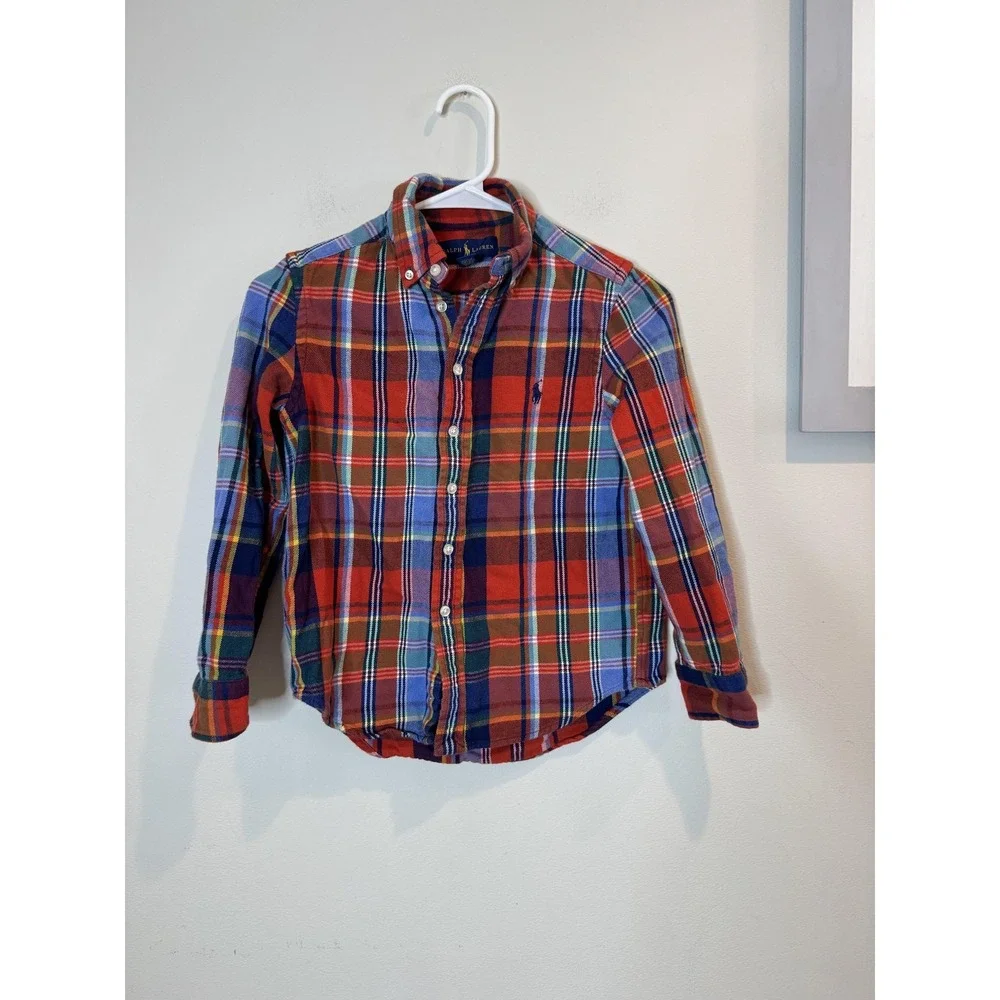 Polo Ralph Lauren Shirt Boys Small 8 Red Blue Plaid Flannel Button‎ Down Tartan